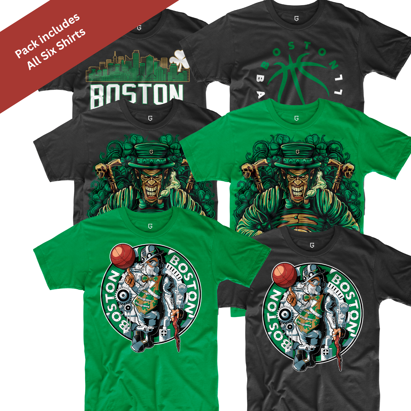 Boston Basketball 6-Pack Shirt Bundle – Black & Green
