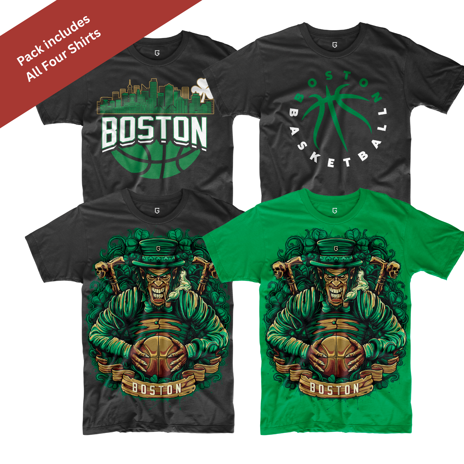 Boston Basketball 4-Pack Shirt Bundle – Black & Green