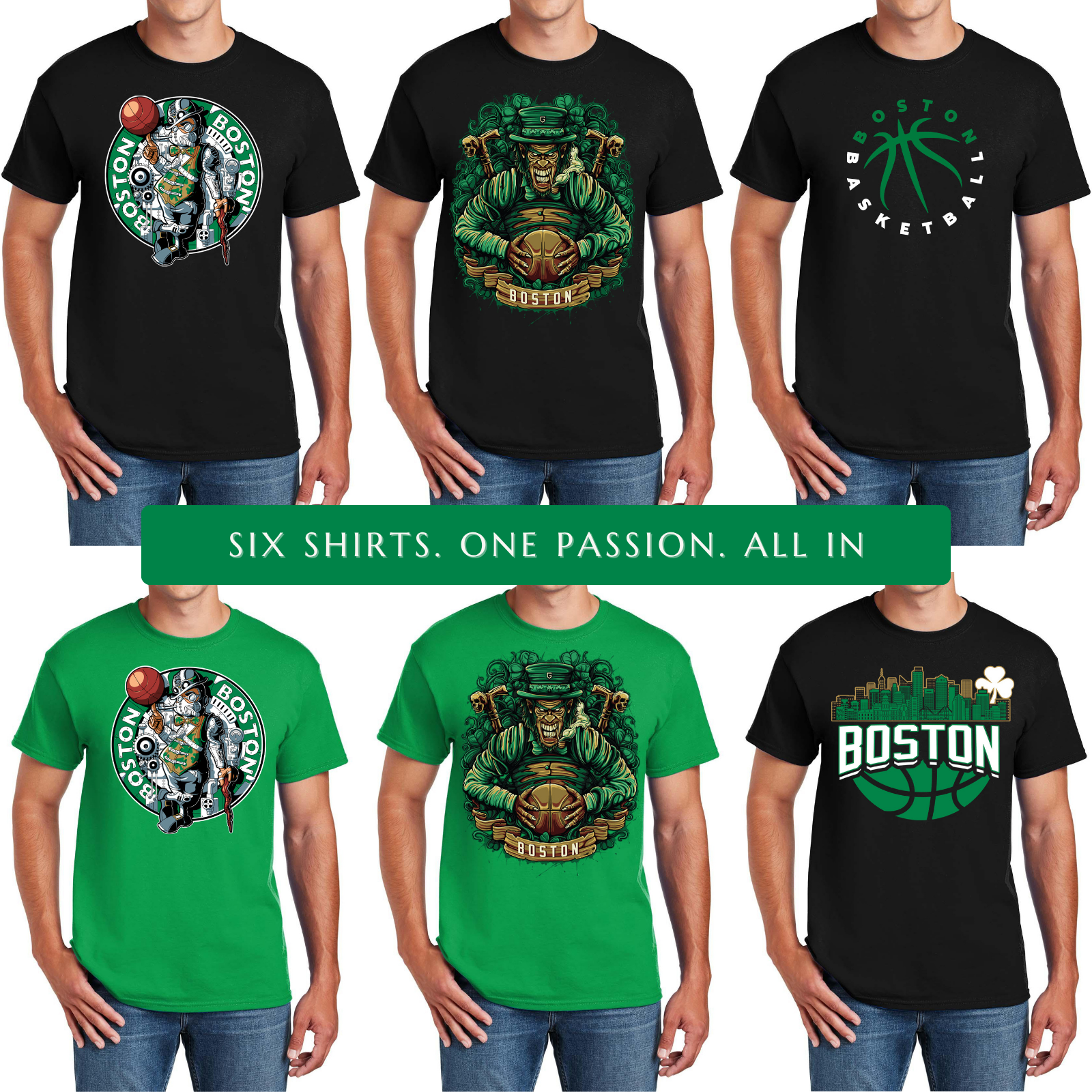 Boston Basketball 6-Pack Shirt Bundle – Black & Green