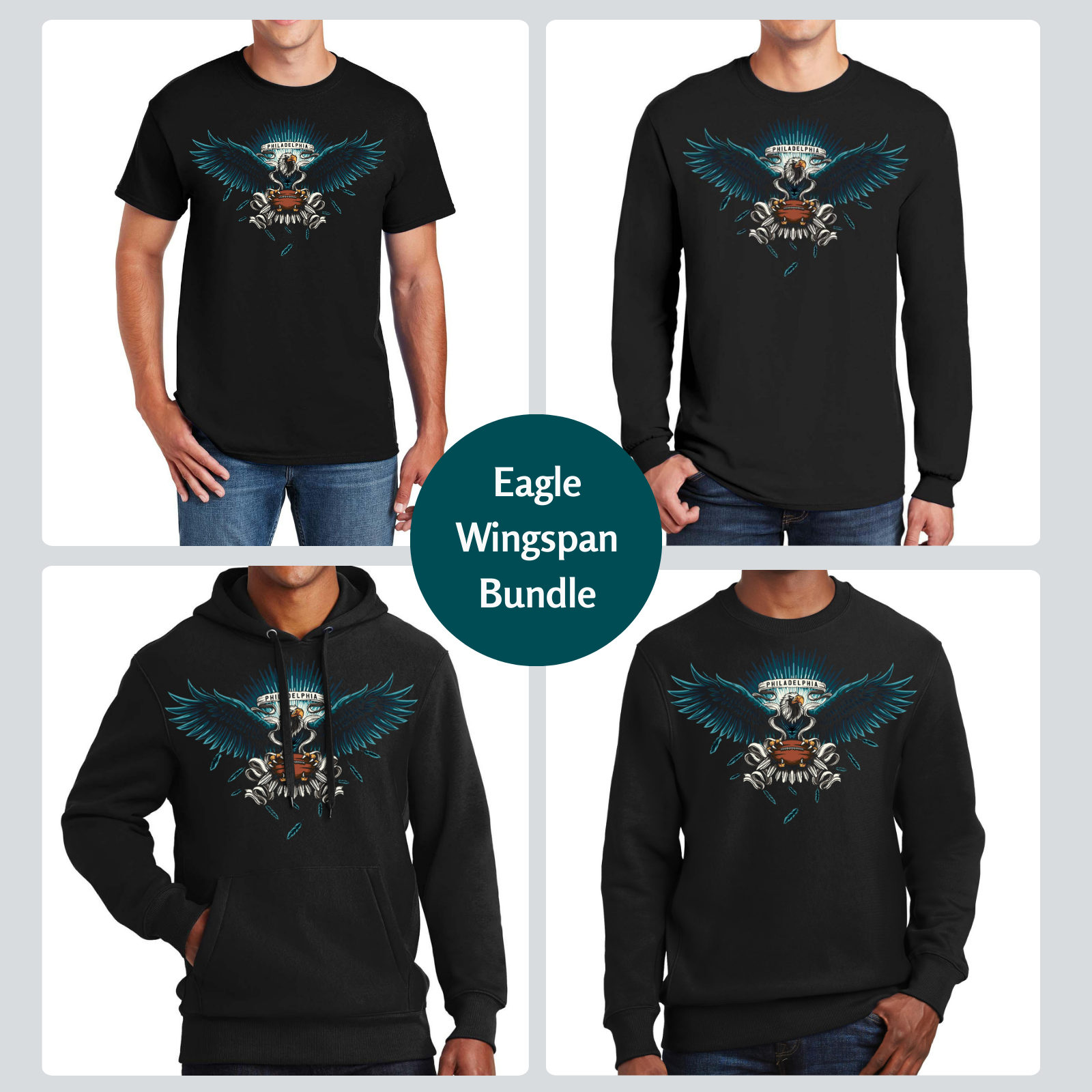 Philadelphia Football Bundle 4-Piece: Hoodie + Sweatshirt + Short Sleeve Tee + Long Sleeve T-Shirt