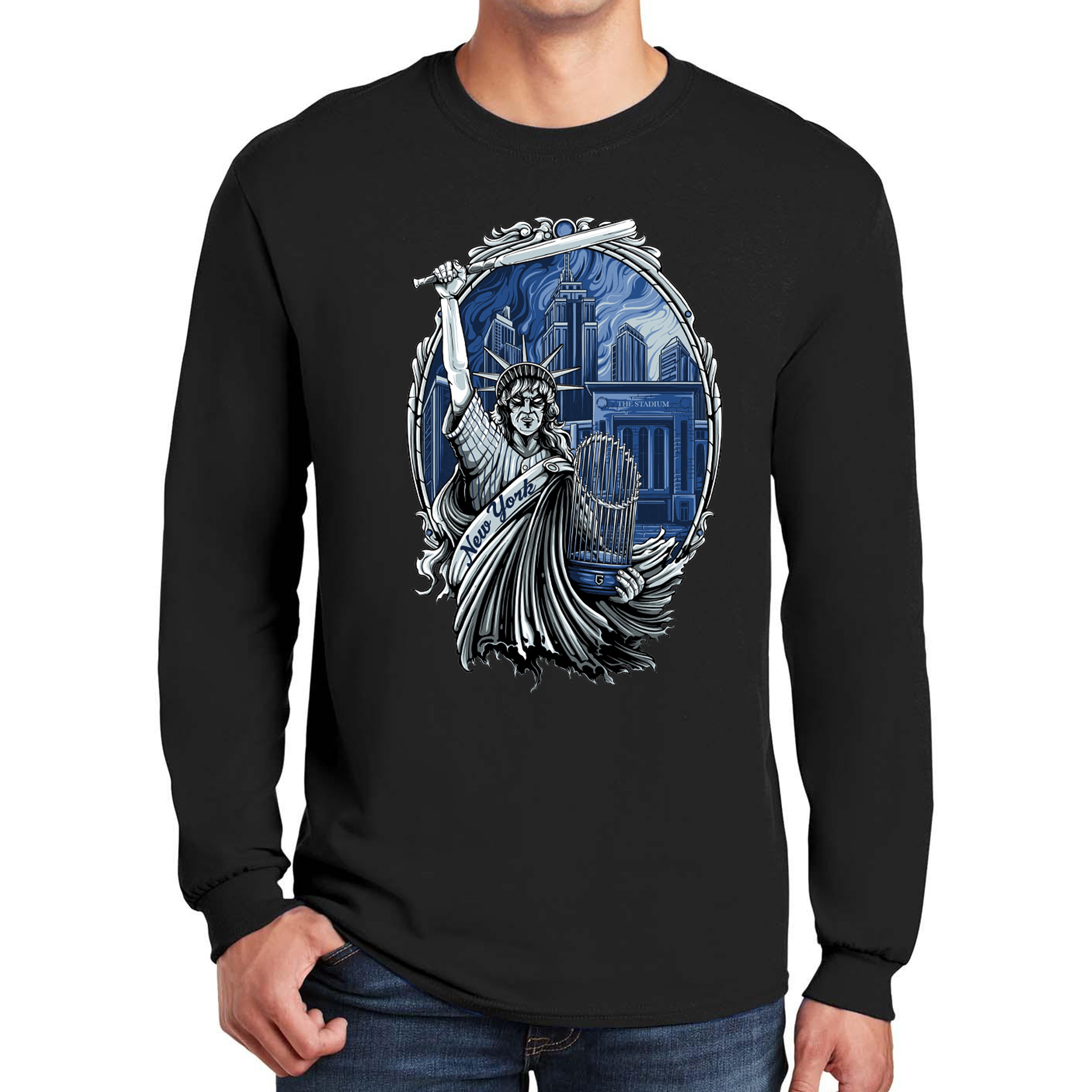 New York Baseball Lady Liberty Long Sleeve Men's Graphic T-Shirt
