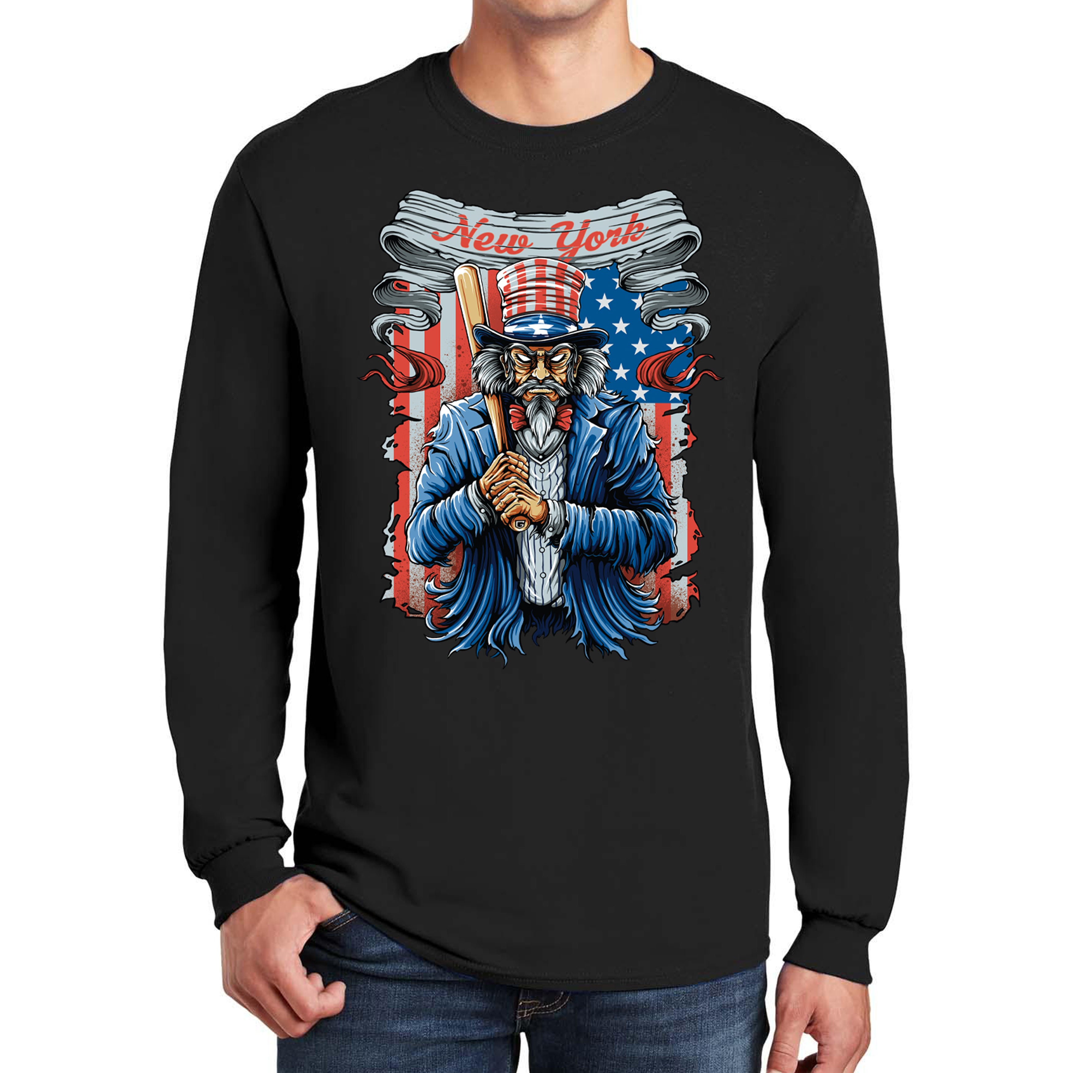 New York Uncle Sam Baseball Long Sleeve Men's Graphic T-Shirt